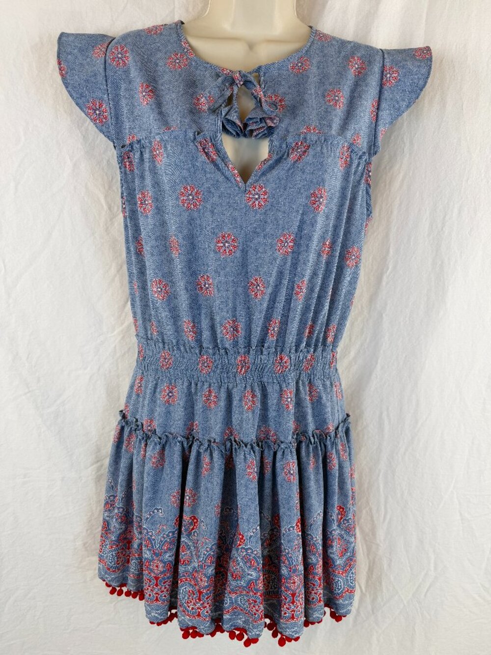 MISA Tatiana Blue Red Flutter Sleeve Mini Dress $485 - Picture 2 of 12